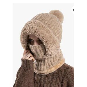 Women's Khaki Knit Hat Winter Scarf Mask Set Snow Caps Plush Earmuff Skull Hats